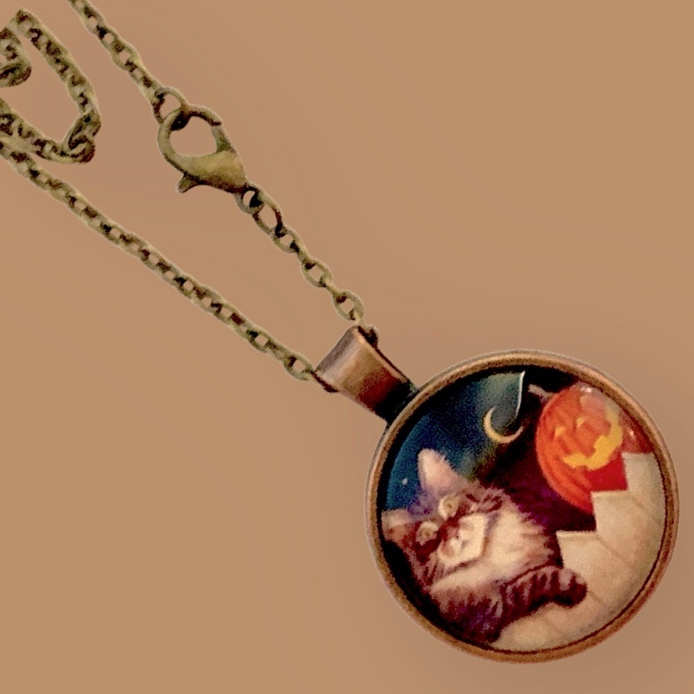 Cat and Pumpkin Jack O Lantern Pendant Necklace Handmade Halloween - Picture 3 of 6